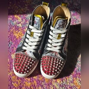 Studded Red & Black High-Top Sneakers - Women's Fashion Trainers